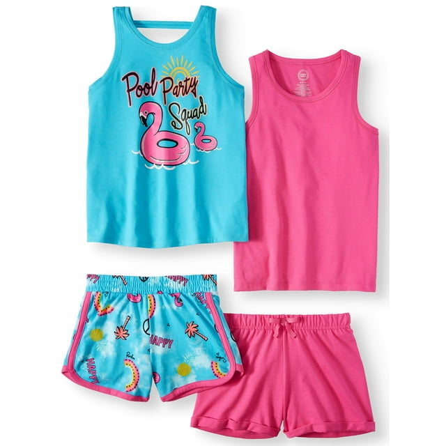 Wonder Nation Girls Graphic Tank Tops and Shorts, 4-Piece Mix and Match Outfit Set, Sizes 4-18 & Plus