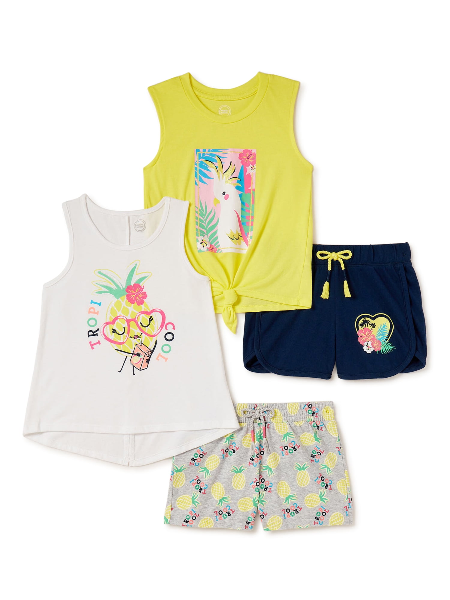 Wonder Nation Girls Graphic Tank Tops and Shorts, 4-Piece Outfit Set ...