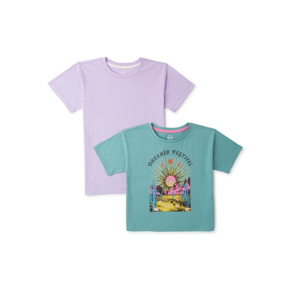 Wonder Nation Girls Graphic and Solid T-Shirt, 2-Pack, Sizes 4-18 & Plus