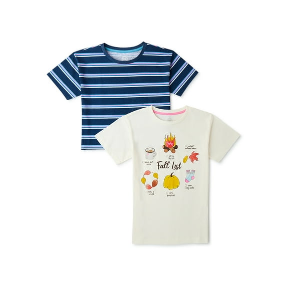 Wonder Nation Girls Graphic and Solid T-Shirt, 2-Pack, Sizes 4-18 & Plus