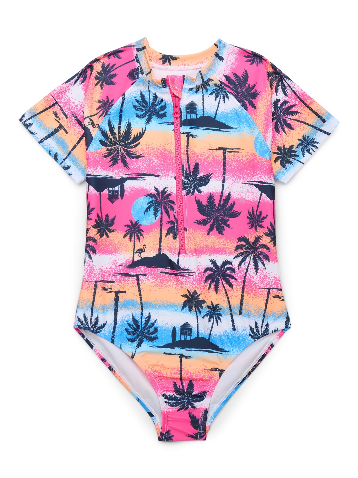 Wonder Nation Girls Short Sleeve Zip-Up Rash Guard One-Piece Swimsuit with UPF 50, Sizes 4-18 & Plus