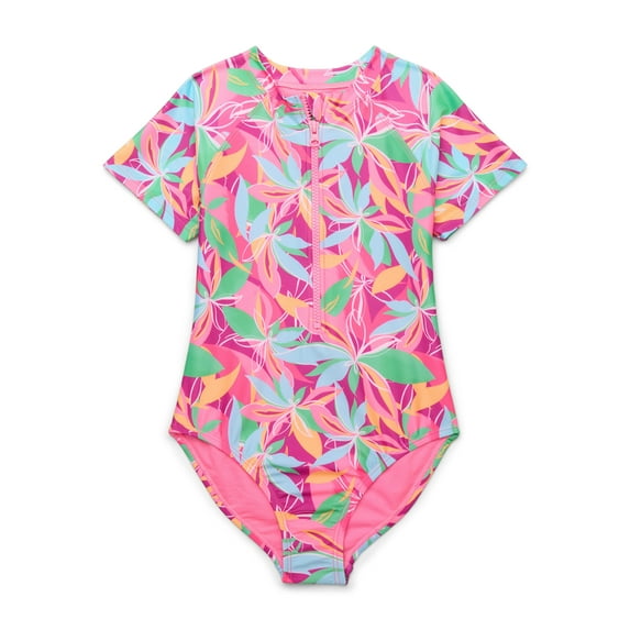 Wonder Nation Girls Short Sleeve Zip-Up Rash Guard One-Piece Swimsuit with UPF 50, Sizes 4-18 & Plus