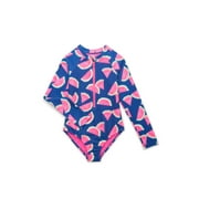 Wonder Nation Girls Printed Zip Rash Guard One-Piece Swimsuit with UPF50+, Sizes 4-18 & Plus