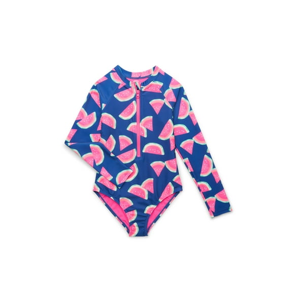 Wonder Nation Girls Printed Zip Rash Guard One-Piece Swimsuit with UPF50+, Sizes 4-18 & Plus