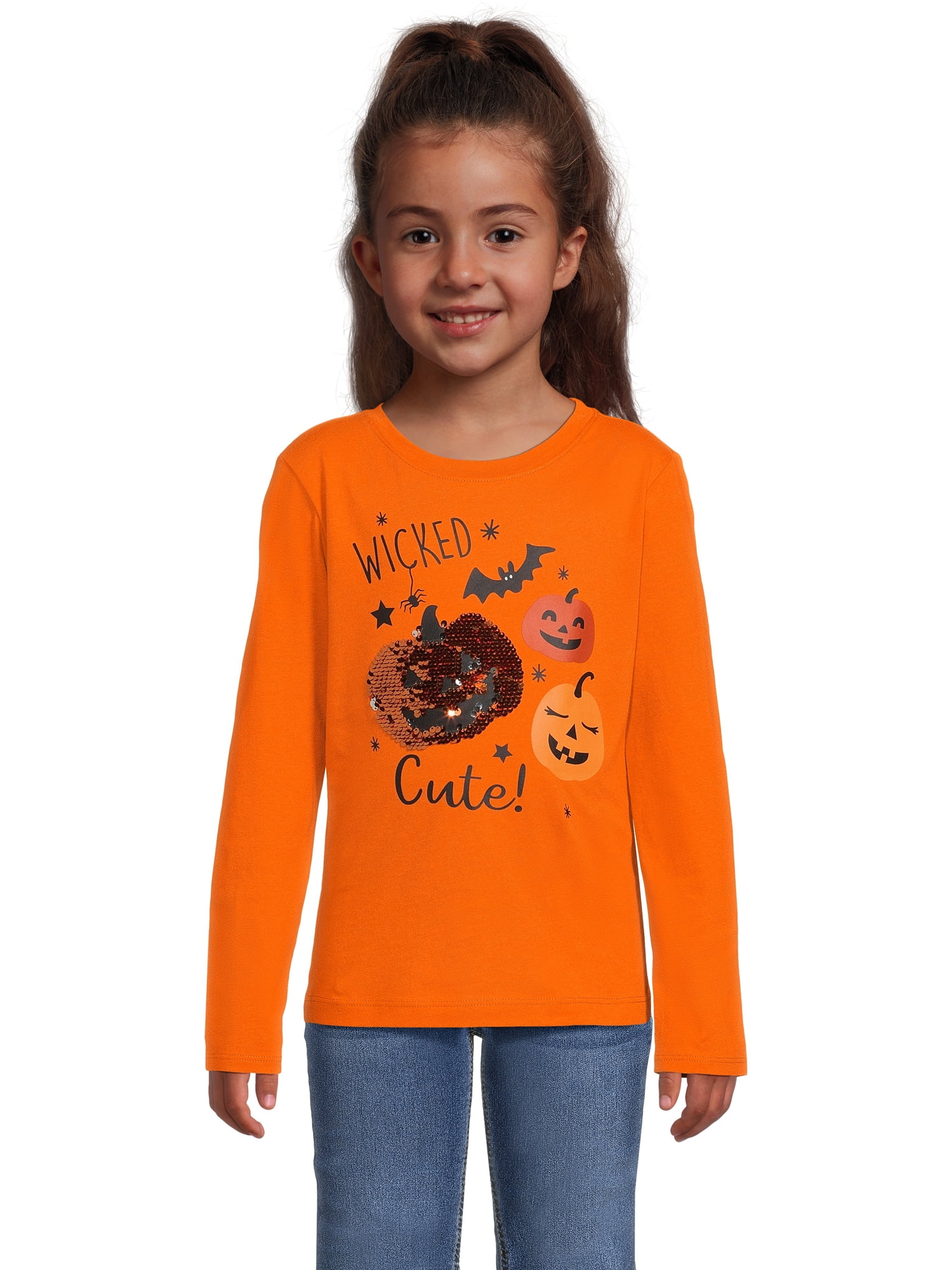 Wonder Nation Girls Halloween Flip Sequin Long Sleeve TShirt, Sizes 418