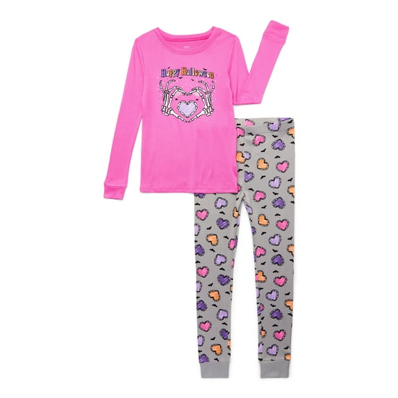 Wonder Nation Girls Halloween Tight Fit Long Sleeve Top and Pant 2 Piece Pajama Set, Sizes 4-10