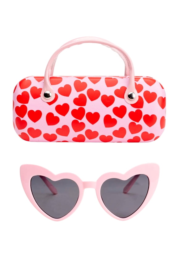 Girls Heart Sunglasses with Case, Pink/Red
