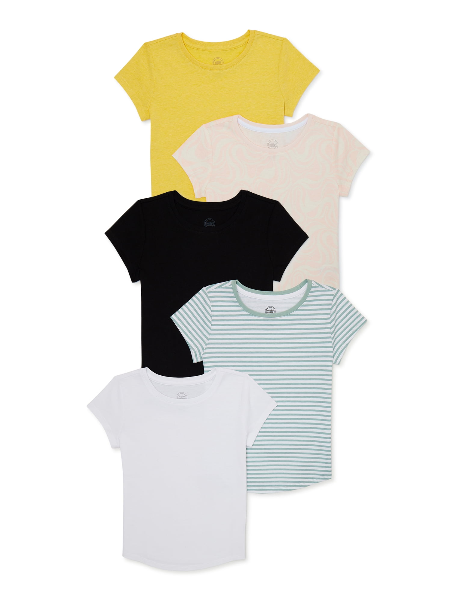 Wonder Nation Girls Kid Tough Crewneck T-Shirt with Short Sleeves, 5-Pack,  Sizes 4-18 & Plus