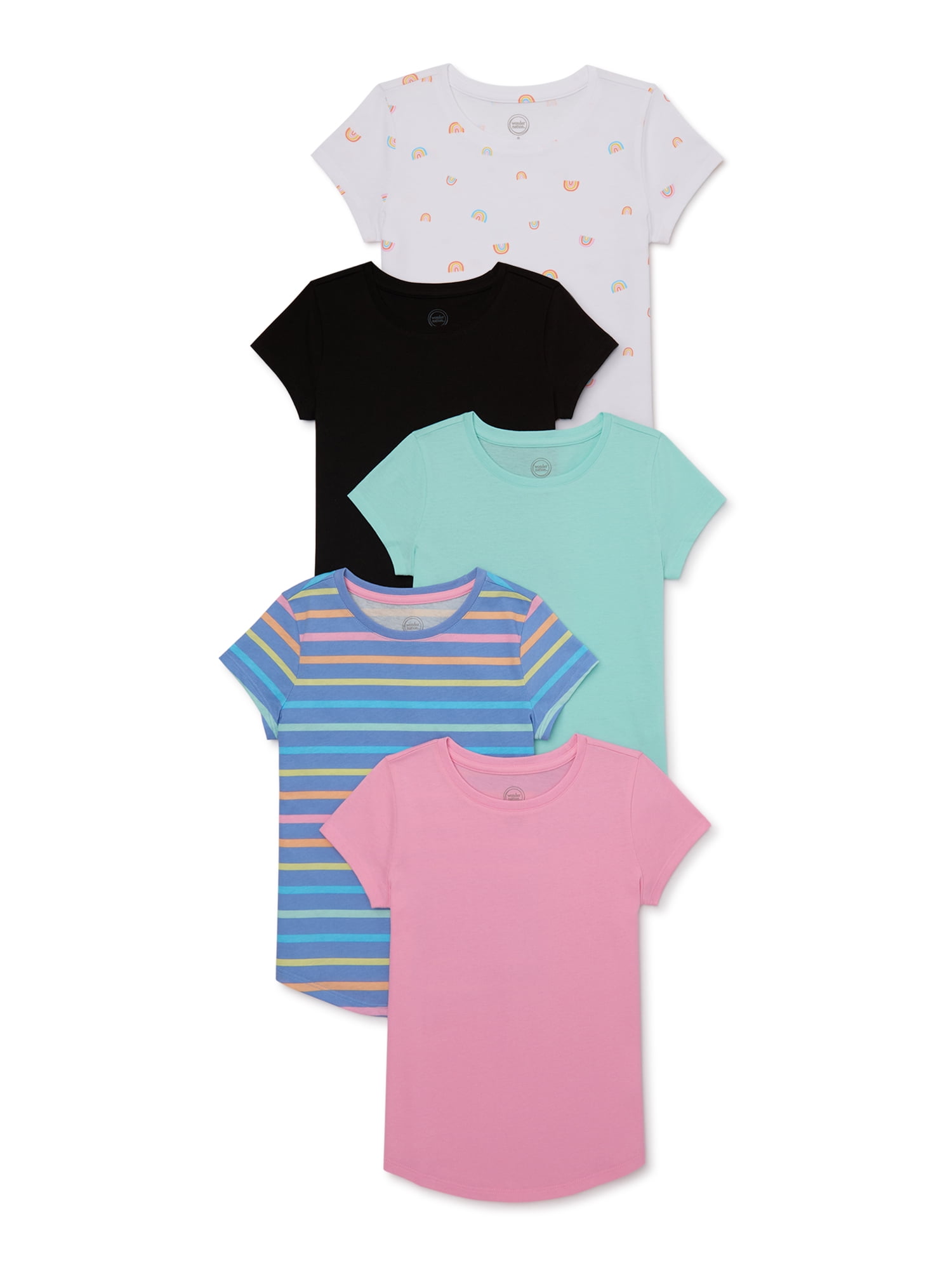 Wonder Nation Girls Kid Tough T-Shirt with Short Sleeves, 5-Pack