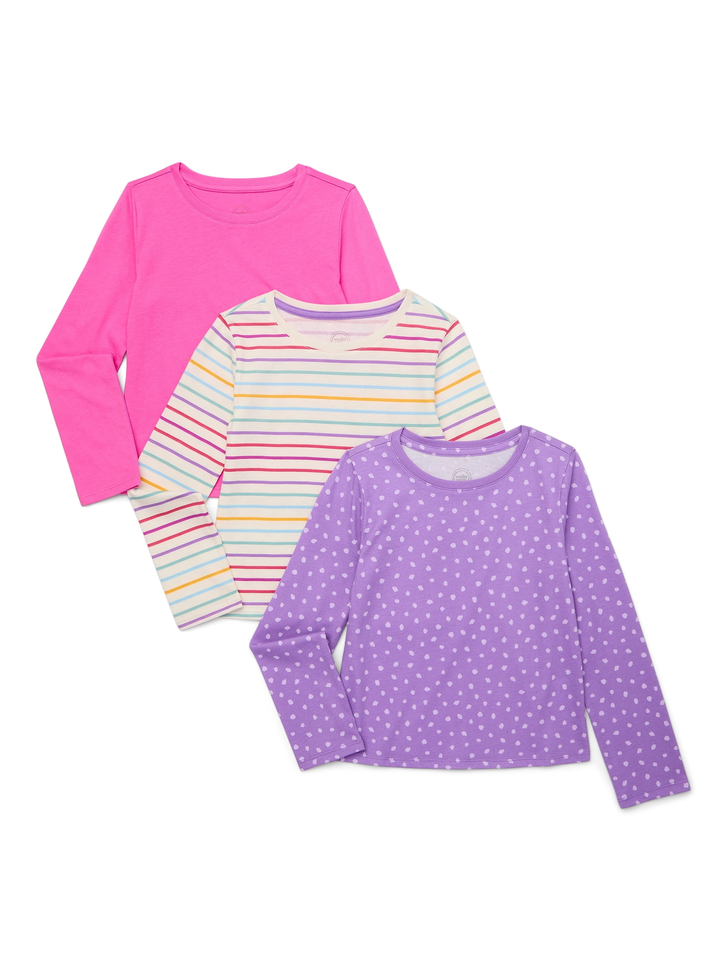 Wonder Nation Girls Kid Tough Tee with Long Sleeves, 3-Pack