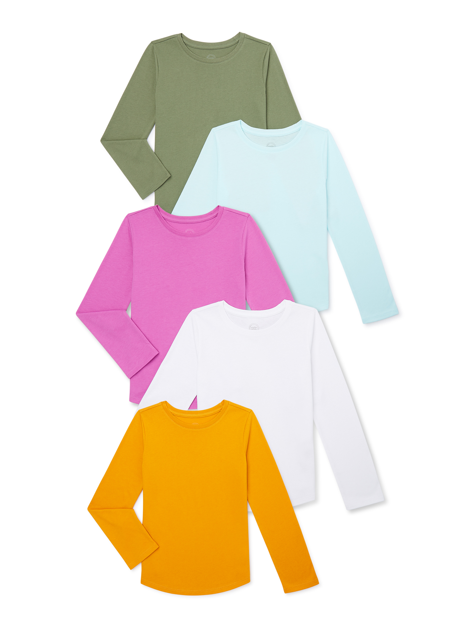 Wonder Nation Girls Kid Tough Tee with Long Sleeves, 5-Pack, Sizes 4-18