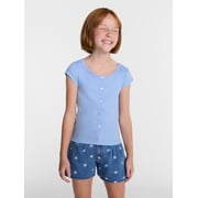 Wonder Nation Girls' Lace and Decorative Button-Front Short Sleeve Top, Sizes 4-18 & Plus