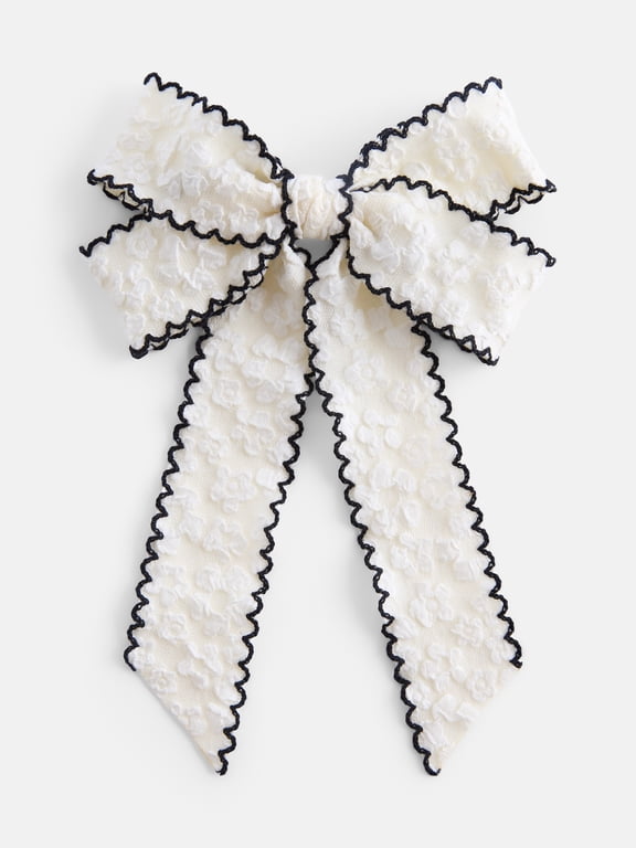 Girls Large Crinkle Hair Bow with Contrast Edge, Ivory/Black