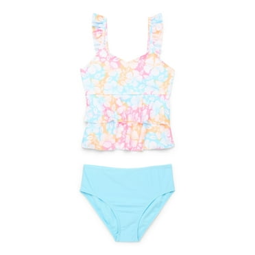 Wonder Nation Girls Layered Ruffle Tankini Swimsuit with UPF50+, 2-Piece, Sizes 4-18 & Plus