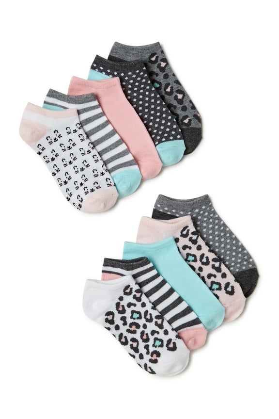 Girls Leopard No-Show Socks, 10-Pack, Sizes S-L