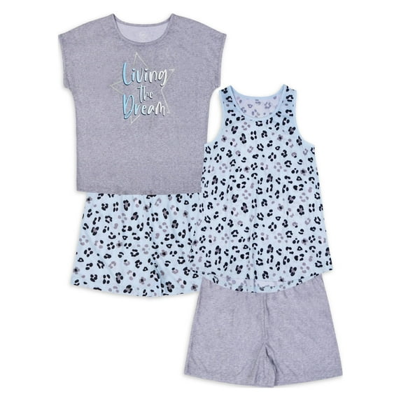 Wonder Nation Girls Leopard Tank, T-Shirt & Sleep Shorts Pajama Set, 4-Piece, Sizes 4-18 & Plus
