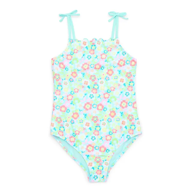 Wonder Nation Girls Frilly Floral Print One-Piece Swimsuit with UPF50+, Sizes 4-18