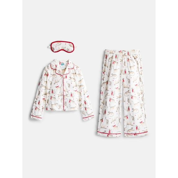 Wonder Nation Girls Long Sleeve Button Front Top and Pants with Eye Mask, 3-Piece Sleep Set, Sizes 4-18