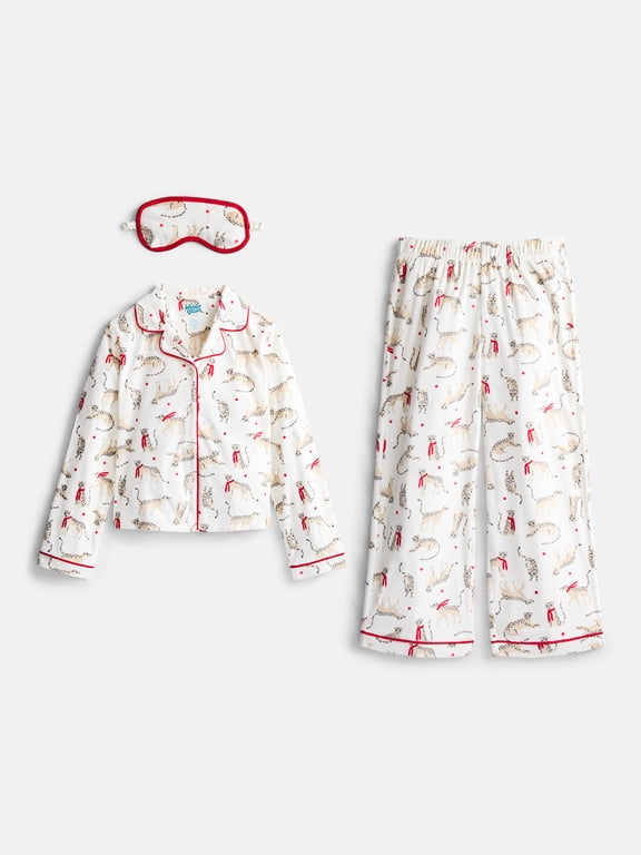 Girls Long Sleeve Button Front Top and Pants with Eye Mask, 3-Piece Sleep Set, Sizes 4-18