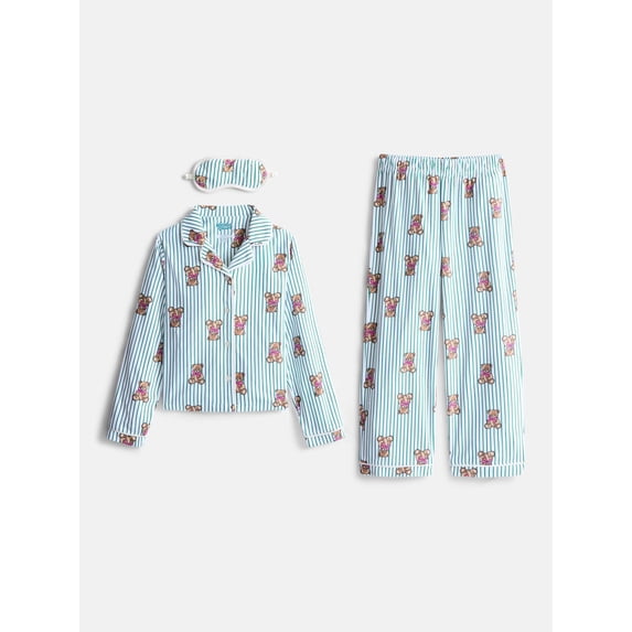 Wonder Nation Girls Long Sleeve Button Front Top and Pants with Eye Mask, 3-Piece Sleep Set, Sizes 4-18