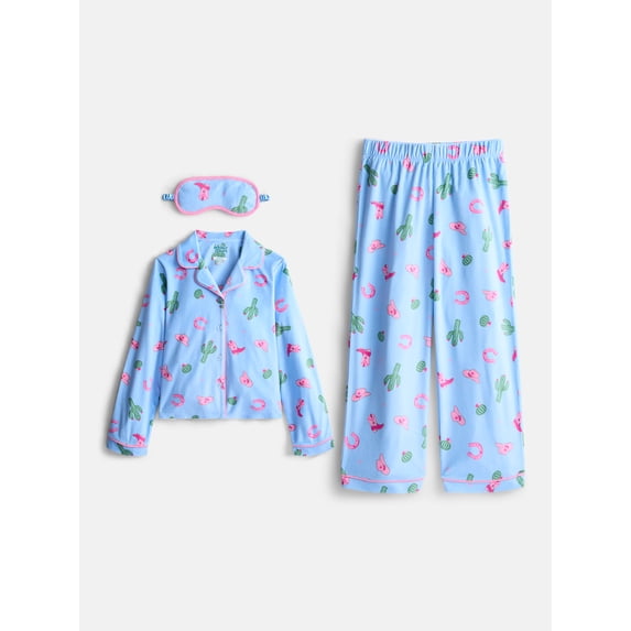 Wonder Nation Girls Long Sleeve Button Front Top and Pants with Eye Mask, 3-Piece Sleep Set, Sizes 4-18