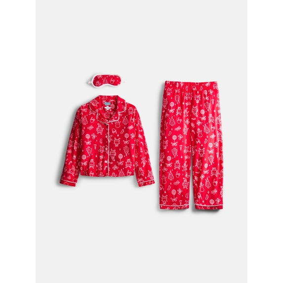 Wonder Nation Girls Long Sleeve Button Front Top and Pants with Eye Mask, 3-Piece Sleep Set, Sizes 4-18