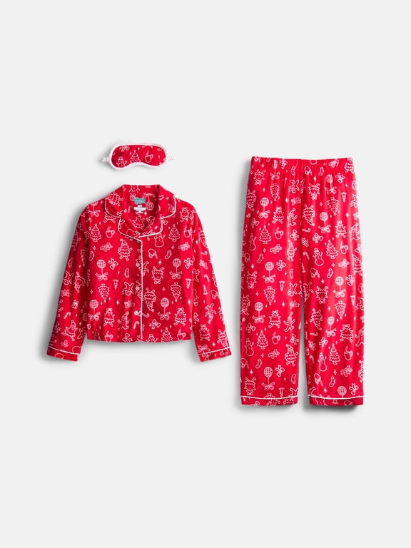 Girls Long Sleeve Button Front Top and Pants with Eye Mask, 3-Piece Sleep Set, Sizes 4-18