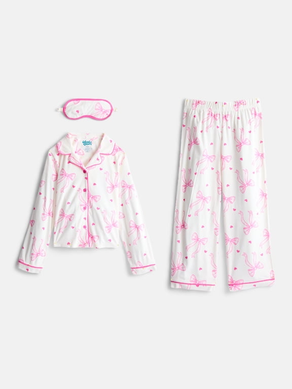 Girls Long Sleeve Button Front Top and Pants with Eye Mask, 3-Piece Sleep Set, Sizes 4-18