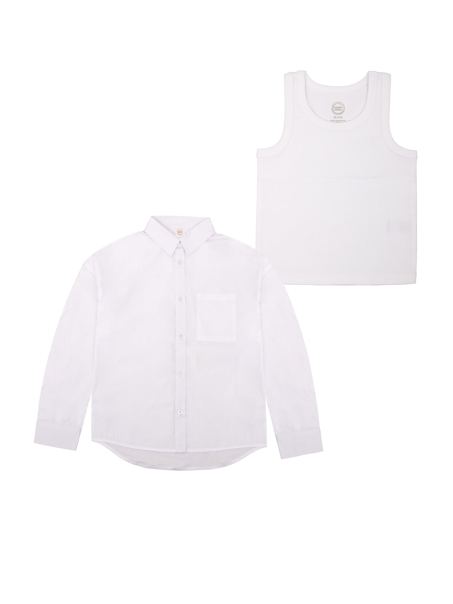 Wonder Nation Girls' Long Sleeve Button-up Shirt and Rib Tank, Sizes 4-18 & Plus