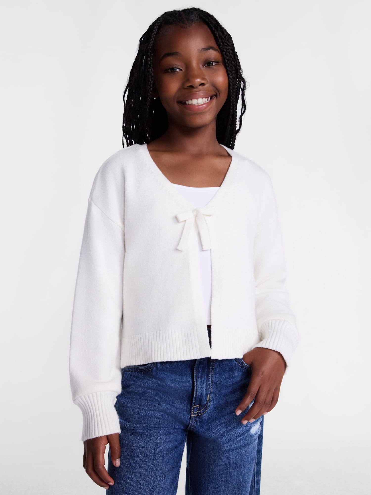 Wonder Nation Girls Bow Front Cardigan with Long Sleeves, Sizes 4-18 & Plus
