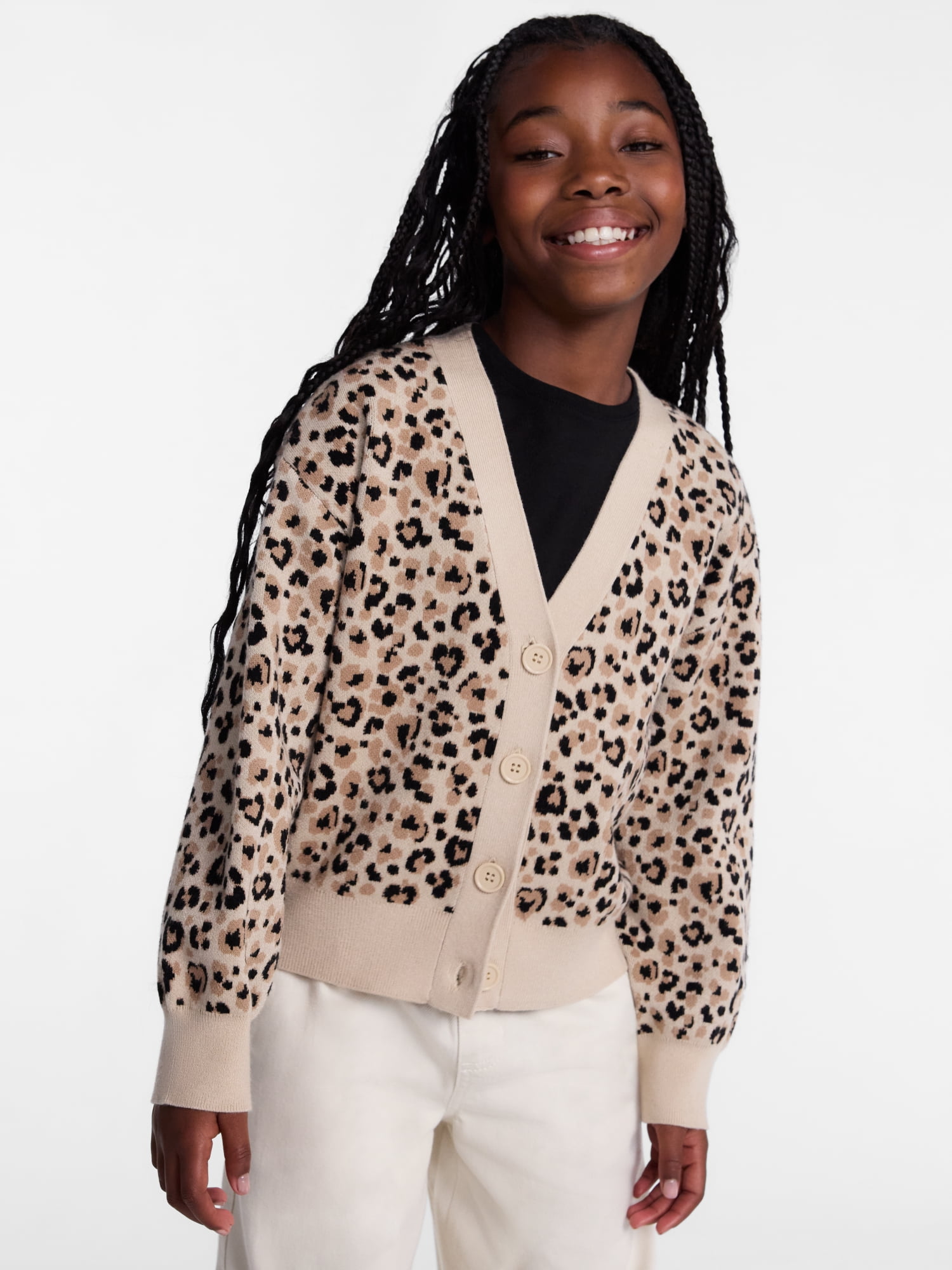 Wonder Nation Girls' Button Front Cardigan Sweater with Long Sleeves, Sizes 4-18 & Plus