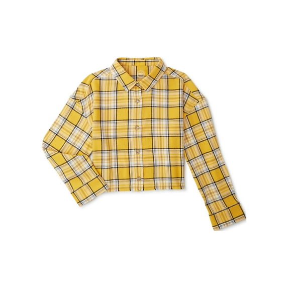 Wonder Nation Girls Long Sleeve Cropped Flannel Shirt, Sizes 4-18 & Plus