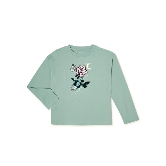 Wonder Nation Girls' Long Sleeve Embellished T-Shirt, Sizes 4-18 & Plus