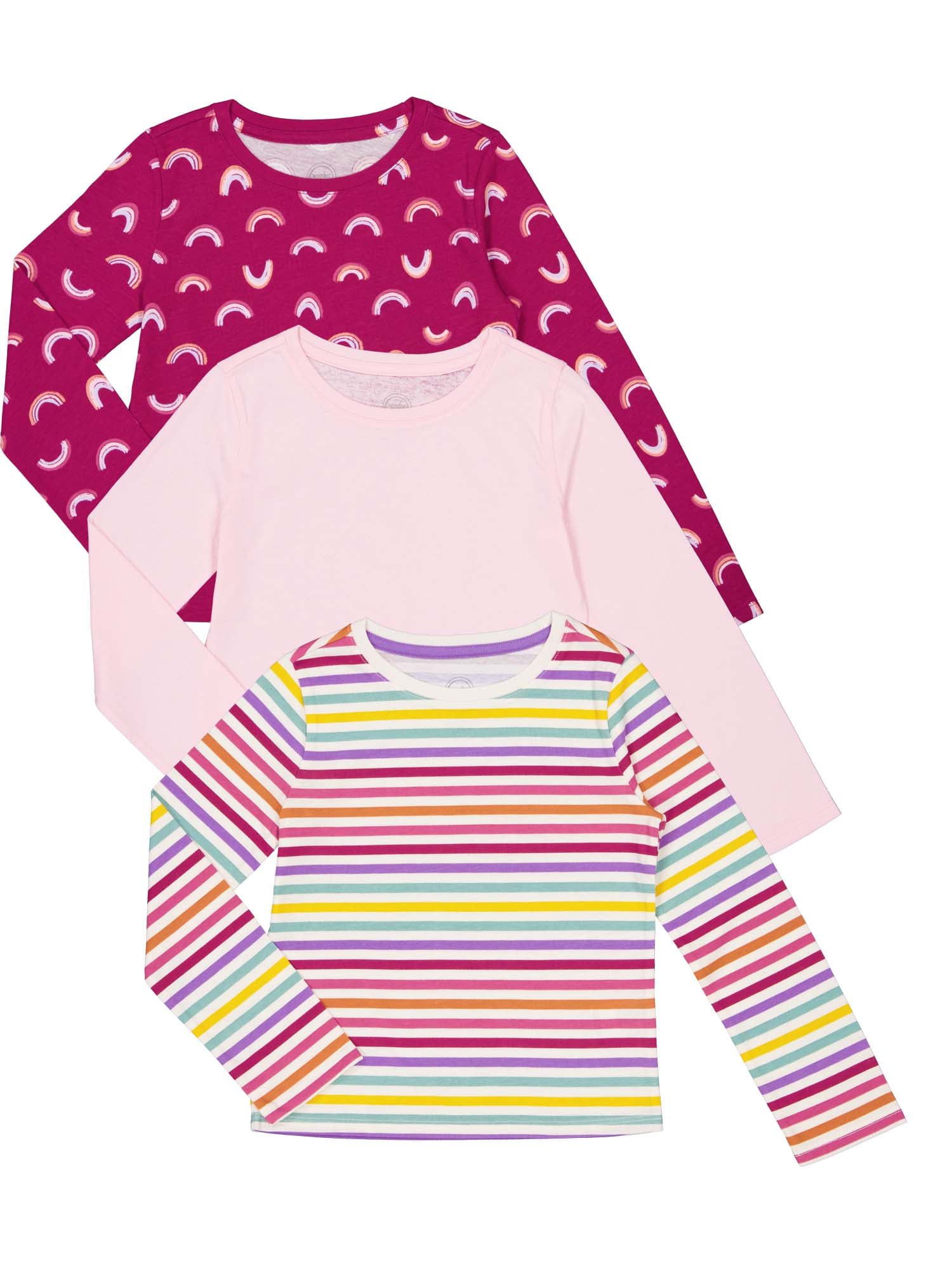 Wonder Nation Girls Long Sleeve Kid Tough T-Shirt, 3-Pack, Sizes 4-18 & Plus