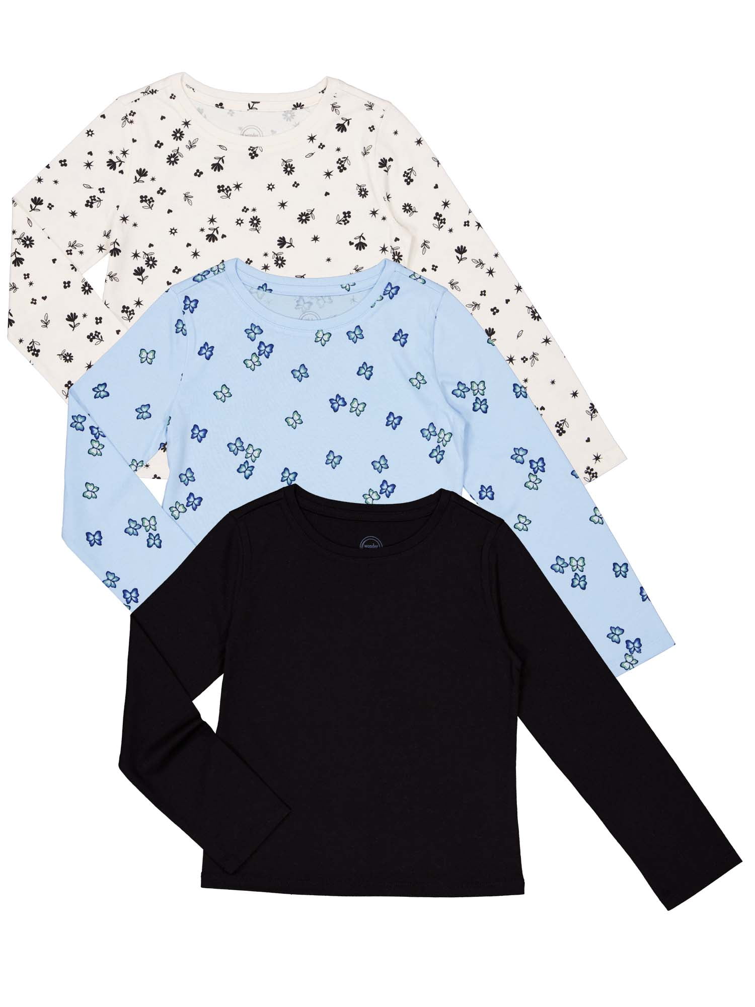 Wonder Nation Girls Long Sleeve Kid Tough T-Shirt, 3-Pack, Sizes 4-18 & Plus