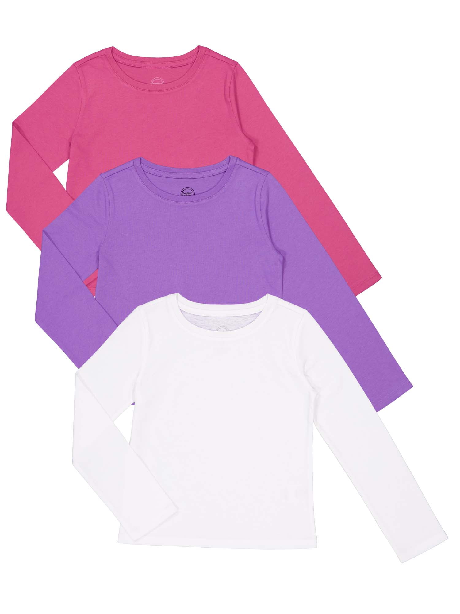 Wonder Nation Girls Long Sleeve Kid Tough T-Shirt, 3-Pack, Sizes 4-18 & Plus