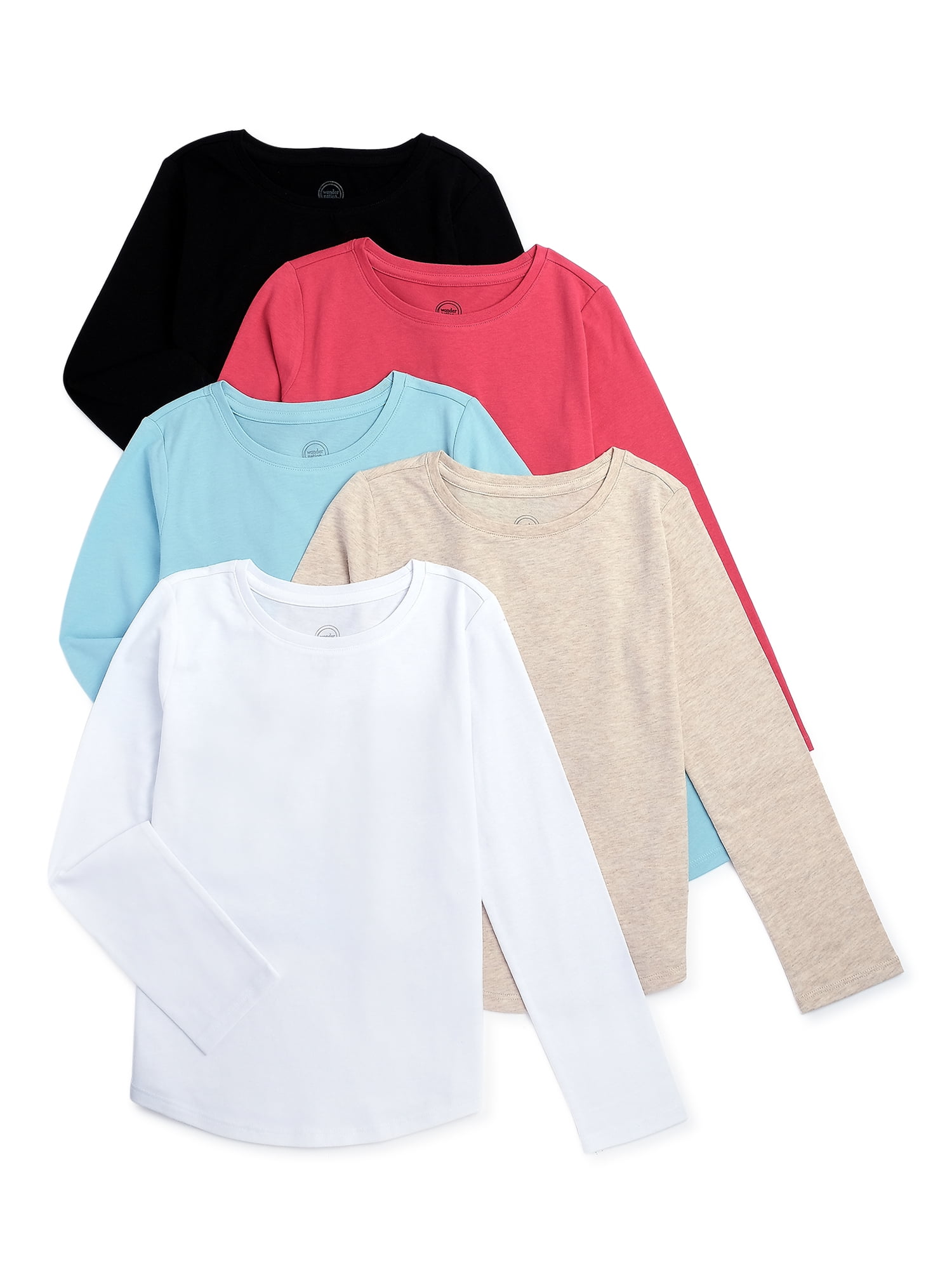 Wonder Nation Girls Long Sleeve Kid Tough Tees, 5-Pack, Sizes 4-18 & Plus