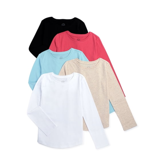 Wonder Nation Girls Long Sleeve Kid Tough Tees, 5-Pack, Sizes 4-18 & Plus