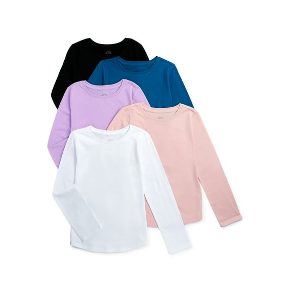 Wonder Nation Girls Long Sleeve Kid Tough Tees, 5-Pack, Sizes 4-18 & Plus