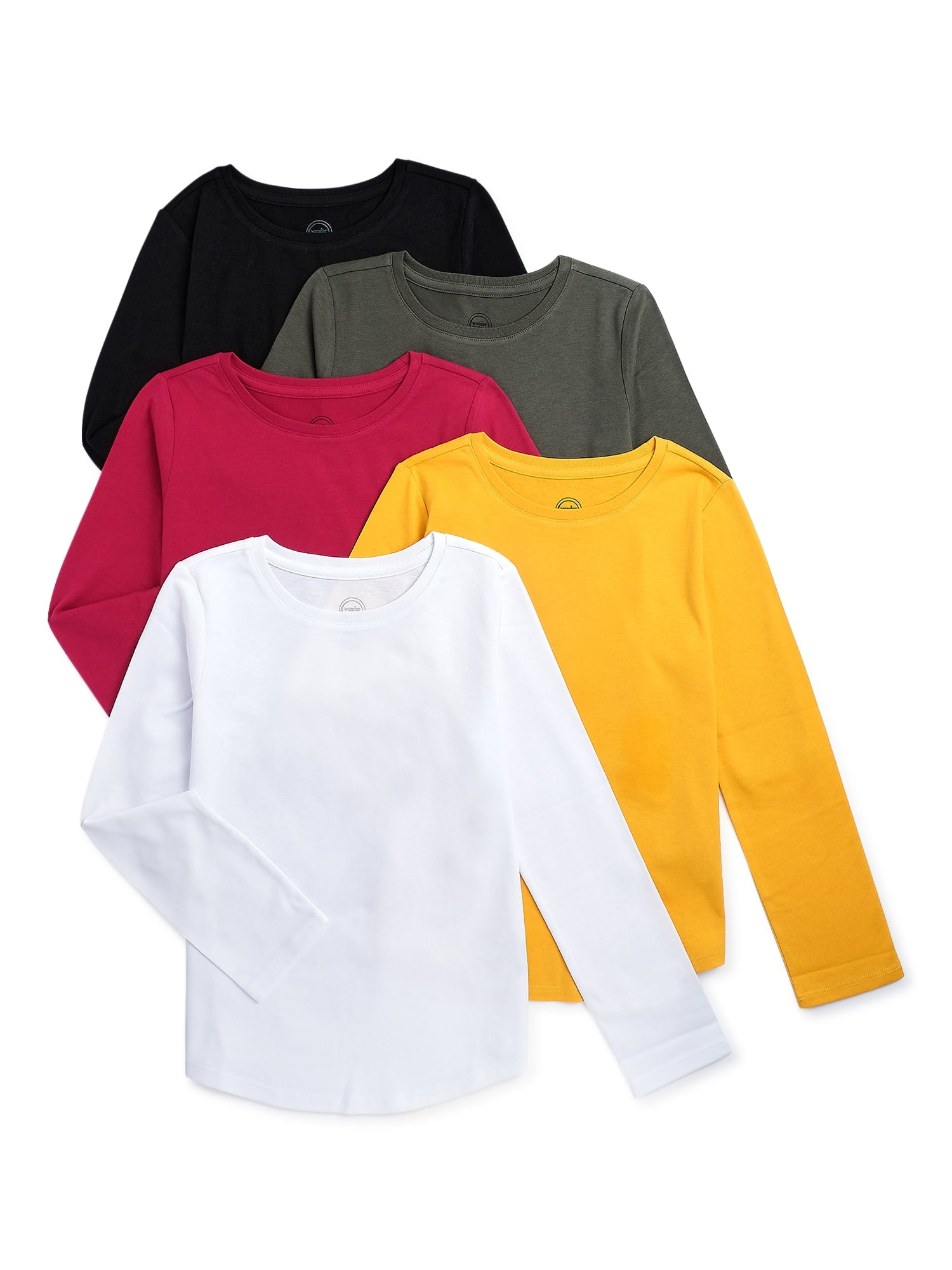 Wonder Nation Girls Long Sleeve Kid Tough Tees, 5-Pack, Sizes 4-18 & Plus