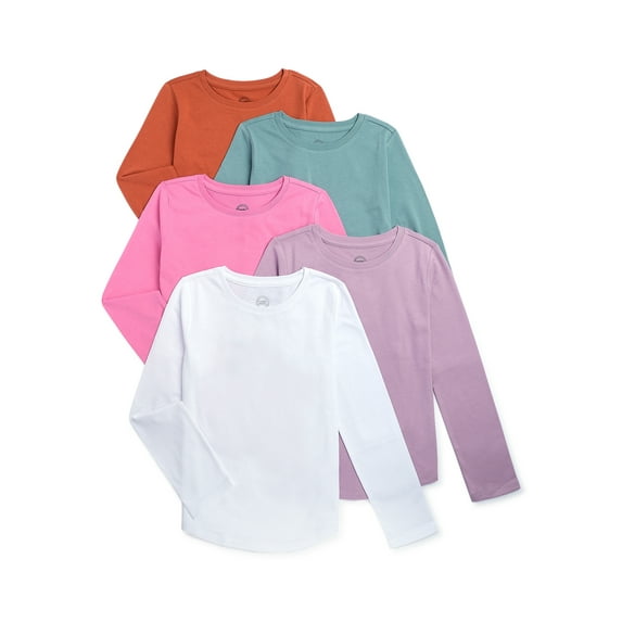 Wonder Nation Girls Long Sleeve Kid Tough Tees, 5-Pack, Sizes 4-18 & Plus