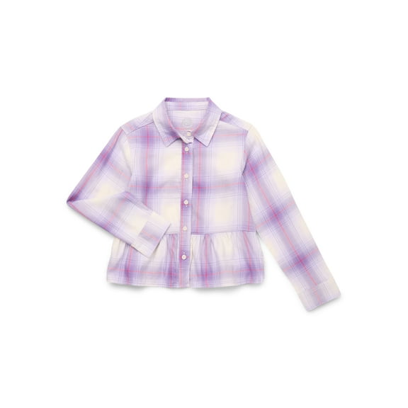 Wonder Nation Girls' Peplum Hem Flannel Shirt with Long Sleeves, Sizes 4-18 & Plus