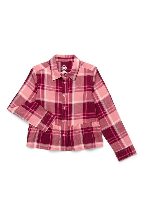 Girls' Peplum Hem Flannel Shirt with Long Sleeves, Sizes 4-18 & Plus
