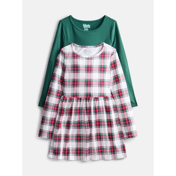 Wonder Nation Girls Long Sleeve Play Dress, 2-Pack, Sizes 4-18 & Plus ...