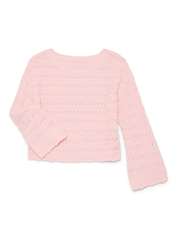 Girls Pointelle Sweater with Long Sleeves, Sizes 4-18 & Plus