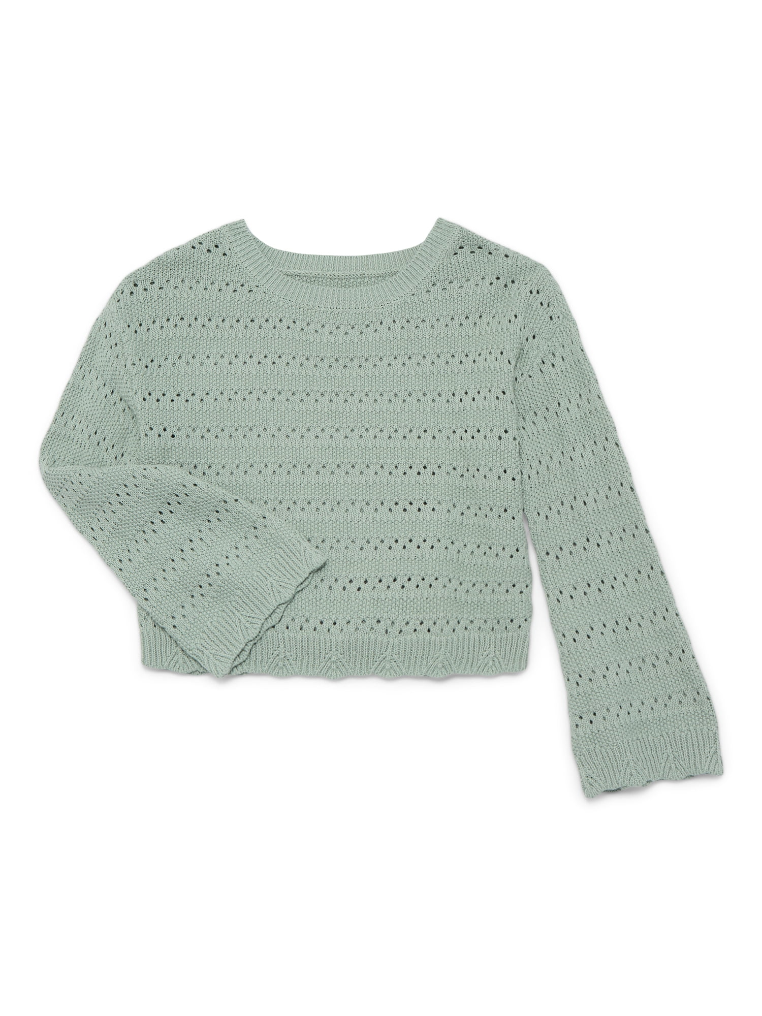 Wonder Nation Girls Pointelle Sweater with Long Sleeves, Sizes 4-18 & Plus