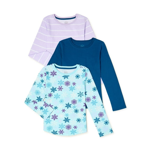 Wonder Nation Girls Long Sleeve Print, Solid and Stripe Kid Tough T-Shirts, 3-Pack, Sizes 4-18 & Plus