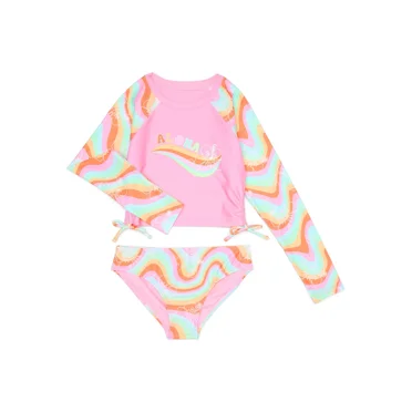 Wonder Nation Girls Long Sleeve Rashie Bikini Swimsuit with UPF 50, 2-Piece, Sizes 4-18