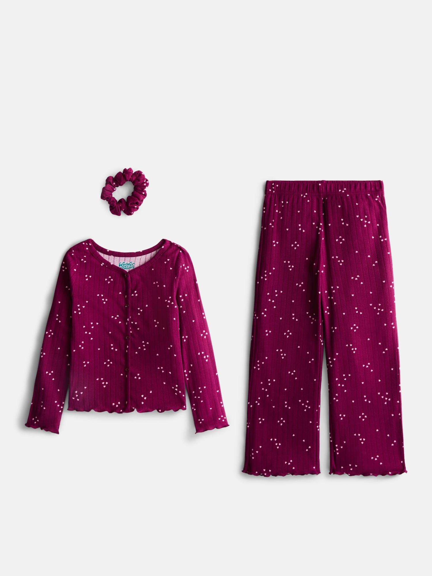 Wonder Nation Girls' Top, Pants and Hair Scrunchie Pajama Set, 3-Piece, Sizes 4-18