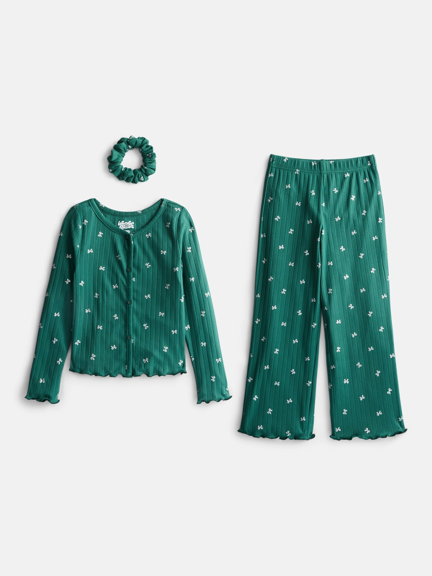 Wonder Nation Girls' Top, Pants and Hair Scrunchie Pajama Set, 3-Piece, Sizes 4-18